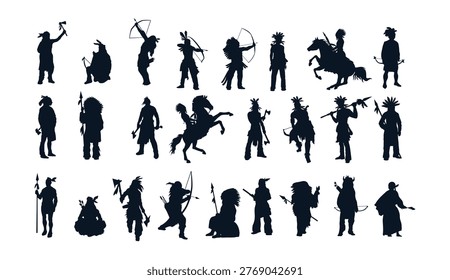 This image features a collection of black silhouettes showcasing various warriors and hunters in different poses and actions. The silhouettes are set against a clean white background, allowing the intricate details of each figure to stand out. The image exudes a sense of strength, courage, and heroism, making it suitable for use in a variety of contexts, including design, art, and historical or mythological themes.