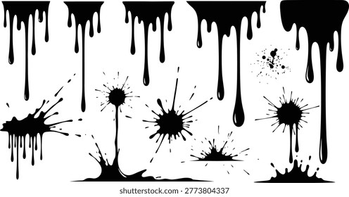 This image features a collection of black paint drips and splatters, offering an abstract and artistic design element. The dynamic liquid forms and messy textures can be used for various creative projects, adding a bold and graphic visual impact to any design concept. These elements evoke a sense of fluidity and artistic expression.