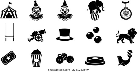 This image features a collection of black and white circus-themed icons, including clowns, animals performing tricks, a big top tent, and various show props.