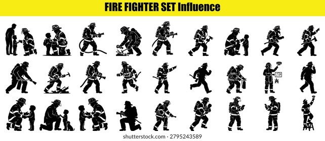 This image features a collection of black fire fighter silhouettes demonstrating various actions and positions. The figures are depicted wearing full protective gear including helmets and carrying equipment on a white background.