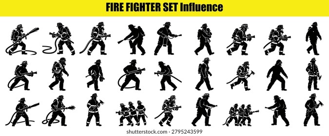 This image features a collection of black fire fighter silhouettes in various action poses. The figures are depicted with protective gear and equipment presented as a vector illustration.