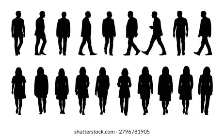 This image features a collection of black human silhouettes in diverse walking poses against a white background. The figures are
