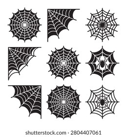This image features a collection of black spiderweb and spider silhouettes against a white background presented as vector illustrations.