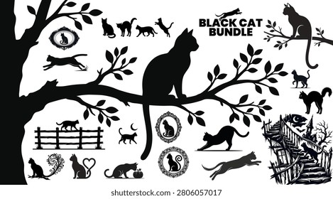 This image features a collection of black cat silhouettes alongside branches, a crescent moon, and a haunted house, presented as a vector illustration on a white background.