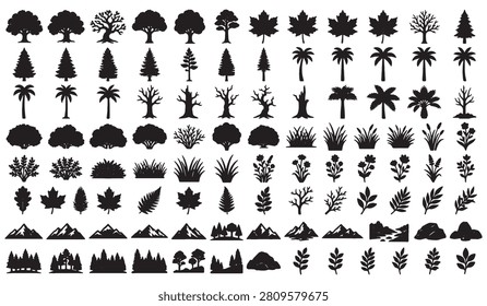 This image features a collection of black tree and foliage silhouettes, presented as a vector illustration on a white background. Various tree types are represented.