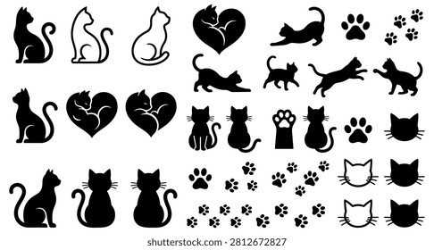 This image features a collection of black cat silhouettes, heart shapes, and paw prints arranged on a clean white background, ideal for various design projects.