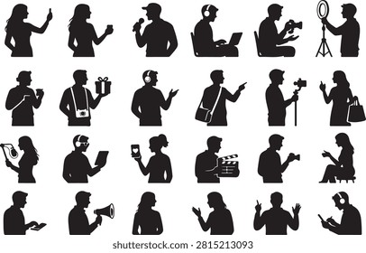 This image features a collection of black silhouettes representing people engaged in various media and communication activities. The style is a flat vector graphic with an isolated cutout appearance.