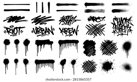 This image features a collection of black graffiti elements, including ink splashes, drips, and stylized lettering, set against a white