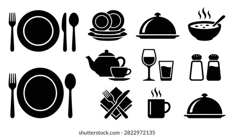 This image features a collection of black cutlery and dinnerware items presented as a flat silhouette style against a white