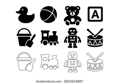 This image features a collection of black and white silhouette icons depicting various toys, including a duck, ball, and robot.