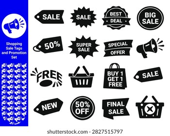 This image features a collection of black sale tags, ribbons, and shopping icons set against a clean white background, ideal for illustrating promotions, discounts, and retail offers.