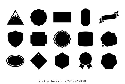 This image features a collection of black badge silhouettes in diverse shapes, presented as a vector graphic with a distinctive silhouette style.