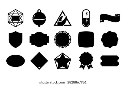 This image features a collection of black badge silhouettes in various geometric shapes and ribbon designs, presented on a white background as a distinctive feature.