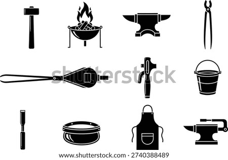 This image features a collection of black silhouette icons depicting essential tools and equipment used in traditional blacksmithing and metalworking, including anvils, hammers, tongs, a forge, bellows, and an apron.