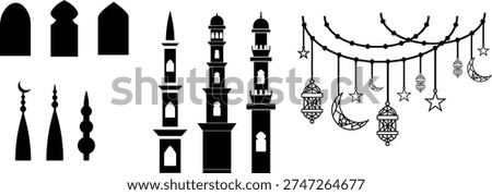 This image features a collection of black silhouettes showcasing various Islamic architectural elements and Ramadan decorations against a clean white background. The silhouettes include mosque minarets, arches, crescent moons, stars, and intricately designed lanterns, all of which are commonly associated with Islamic culture and the celebration of Ramadan. The simple yet elegant design makes this image suitable for use in a variety of contexts, including graphic design projects, educational materials, and inspirational content.