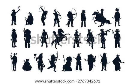 This image features a collection of black silhouettes showcasing various warriors and hunters in different poses and actions. The silhouettes are set against a clean white background, allowing the intricate details of each figure to stand out. The image exudes a sense of strength, courage, and heroism, making it suitable for use in a variety of contexts, including design, art, and historical or mythological themes.