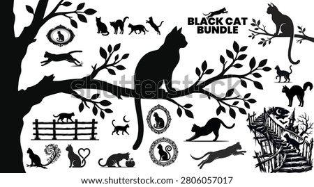 This image features a collection of black cat silhouettes alongside branches, a crescent moon, and a haunted house, presented as a vector illustration on a white background.