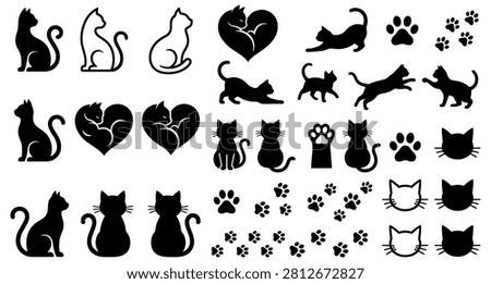 This image features a collection of black cat silhouettes, heart shapes, and paw prints arranged on a clean white background, ideal for various design projects.