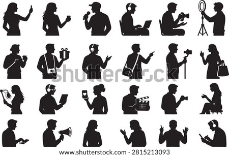 This image features a collection of black silhouettes representing people engaged in various media and communication activities. The style is a flat vector graphic with an isolated cutout appearance.