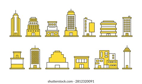 This image features a collection of buildings depicted as yellow line art illustrations on a white background. The structures vary in height and architectural style,