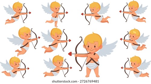 Esta Imagen presenta una colección de querubines de dibujos animados con arcos y flechas sobre un fondo negro. Los querubines se representan en varias posiciones de vuelo, cada uno con un arco y una flecha en la mano. Son lindos y juguetones, con el pelo rubio y las alas blancas. Es probable que la Imagen se utilice para representar el amor, el afecto o el Día de San Valentín. Los querubines están ilustrados en un estilo simple y colorido, haciéndolos atractivos para niños y adultos por igual. El fondo negro ayuda a que los querubines destaquen, creando una Imagen visualmente llamativa.