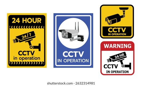 This image features a collection of CCTV signs indicating 24-hour surveillance. The signs come in various colors and designs, including yellow, blue, red, and black, and all video monitoring
