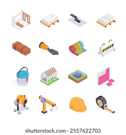 This image features a collection of colorful, isometric illustrations of construction supplies and tools