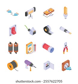 This image features a collection of colorful, isometric illustrations of various electrical and construction tools