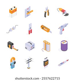 This image features a collection of colorful, isometric illustrations of various electrical and construction tools
