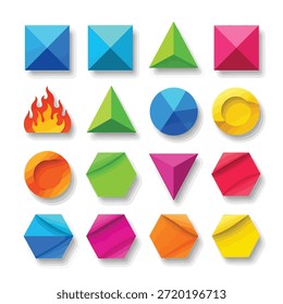 Esta Imagen presenta una colección de Formas geométricas coloridas dispuestas en una cuadrícula. Las Formas incluyen varios polígonos como cuadrados, triángulos y hexágonos, cada uno renderizado en colores vibrantes como azul, verde, rosa, naranja y amarillo. Algunas Formas tienen Elementos adicionales como una llama y un sol, añadiendo un toque dinámico a la composición.