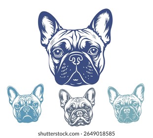 Esta imagem apresenta uma coleção de ilustrações detalhadas de cabeças Bulldog Francês em diferentes tons de azul sobre um fundo branco.