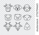 This image features a collection of eight simple line art animal faces including cow dog sheep pig goat and chicken all with smiling expressions and minimalist details