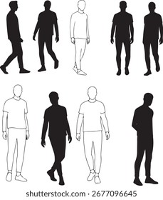 This image features a collection of eight figures of men, presented as both solid black silhouettes and simple white outlines. The men are depicted in various standing and walking poses,