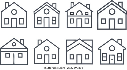 Esta imagem apresenta uma coleção de oito ícones distintos da casa, cada um com elementos arquitetônicos exclusivos, apresentados em um estilo de contorno preto simples contra um fundo branco limpo
