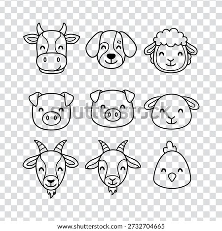 This image features a collection of eight simple line art animal faces including cow dog sheep pig goat and chicken all with smiling expressions and minimalist details
