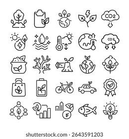 This image features a collection of environmental and sustainability-themed icons, rendered in a simple black and white line art style.