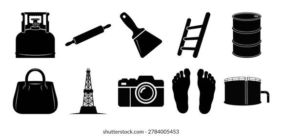 This image features a collection of everyday objects depicted as black silhouettes against a white background. The silhouette style provides a clean and graphic aesthetic to each item.