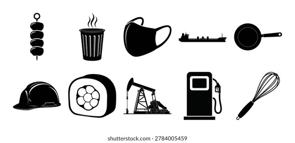 This image features a collection of everyday objects presented as black silhouettes. The objects include food items, industrial equipment, and kitchen tools, all in a simple, graphic style.