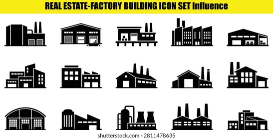 This image features a collection of factory building shapes each with distinct chimneys and rooflines. The buildings are rendered in a two-tone style emphasizing their geometric forms and architectural details.