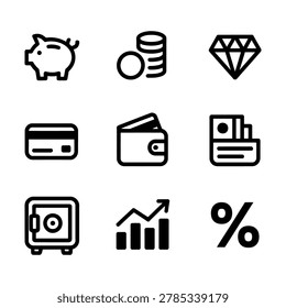 This image features a collection of financial icons, including a piggy bank, coins, diamond, credit card, wallet, cash, safe, graph, and percentage sign. The icons are arranged in a grid on a white background, creating a clean and simple design. The silhouette of the icons against the white background makes them stand out, making this image suitable for use in financial presentations, websites, or marketing materials.