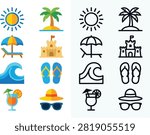 This image features a collection of flat vector icons representing tropical vacation elements. The icons include a sun, palm tree, wave, sandcastle, flip-flops, cocktail, and beach umbrella, all with a white background.