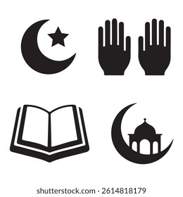This image features a collection of four simple, black and white icons representing Islam