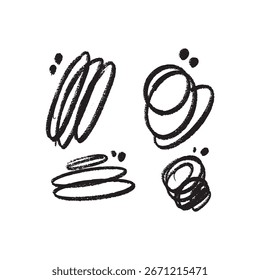 Esta Imagen presenta una colección de cuatro diseños abstractos de pinceladas negras, dispuestos en una cuadrícula de 2x2 sobre un fondo blanco limpio. Cada forma se compone de bucles circulares u ovalados, con textura, un