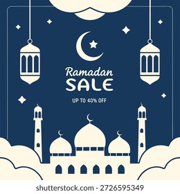 Esta imagem apresenta uma coleção de quatro vibrantes rótulos de promoção e venda do Ramadã. O rótulo superior esquerdo é um quadrado amarelo com uma silhueta de mesquita, exibindo 'Ramadã SALE' e '50% off'. O rótulo superior direito é um emblema circular com uma borda azul-petróleo, apresentando uma lanterna tradicional, estrelas, uma lua crescente e 'Até 80%'. O distintivo inferior esquerdo também é circular com uma borda azul-petróleo, apresentando uma silhueta de mesquita, lua crescente, estrelas e 'BIG SALE'. O rótulo final da parte inferior direita é um hexágono rosa, destacando uma lanterna, lua crescente e 'Super SALE'. Estas ilustrações vetoriais de design plano são perfeitas para promover ofertas especiais durante o mês sagrado islâmico, incorporando elementos como mesquitas, lanternas e luas para evocar o espírito festivo do Ramadã.