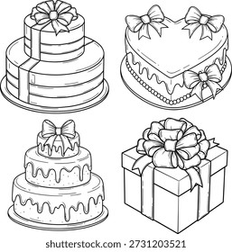 Dieses Bild zeigt eine Kollektion von vier wunderschön dekorierten Objekten. Die obere linke Seite zeigt einen dreistufigen Kuchen mit einer Blume. Oben rechts ist ein herzförmiger Kuchen mit Schleifen. Unten links sehen Sie einen zweistufigen Kuchen mit tropfnass vereistem Effekt und einem Bogen. Unten rechts sehen Sie eine Geschenkbox mit einer großen Schleife.