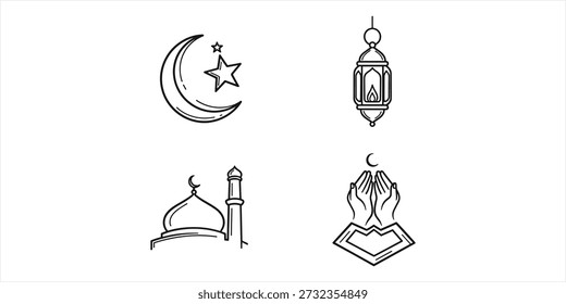 This image features a collection of four simple black line art icons on a white background, depicting key Islamic symbols including a crescent moon and star, a traditional lantern, a mosque dome with a minaret, and hands in a prayer pose over a Quran stand