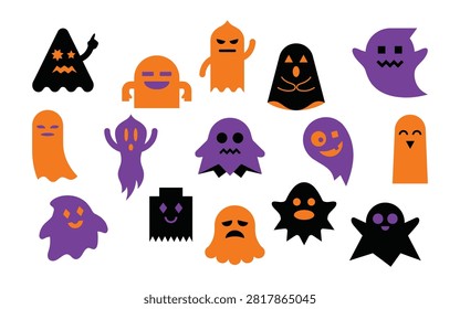 This image features a collection of ghost silhouettes in orange, purple, and black. The ghosts have varying expressions and shapes, set against a plain white background.
