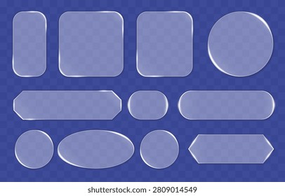 This image features a collection of glass-like geometric shapes with rounded corners, arranged on a blue background with a transparent backdrop. The shapes include rectangles, ovals, and