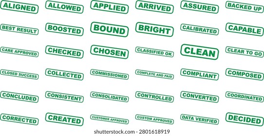 This image features a collection of green approval stamps displaying various words and phrases that convey positive attributes such as clean approved and capable isolated on transparent background