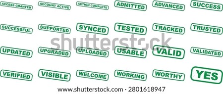 This image features a collection of green rubber stamps displaying words like verified validated successful and trusted isolated on transparent background ideal for emphasizing achievements and affirmations in business and technology contexts